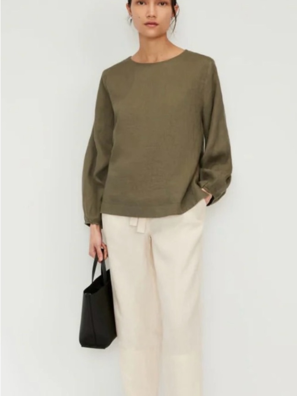 Everlane The Linen Long Sleeve Olive Green crewneck women’s top